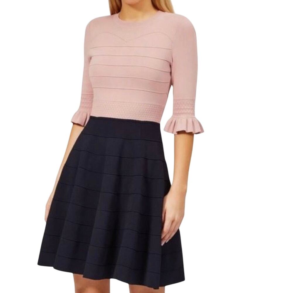Ted Baker Pink and Navy Fit-and-Flare Knit Dress Size 3